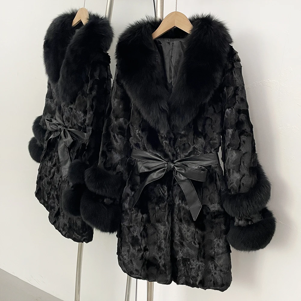 الواقع معطف الفرو للنساء منتصف طول حزام جلد فرو المنك الحقيقي شتاء جديد سميكة الدافئة الإناث الطبيعية الثعلب الفراء سترة الإناث #1