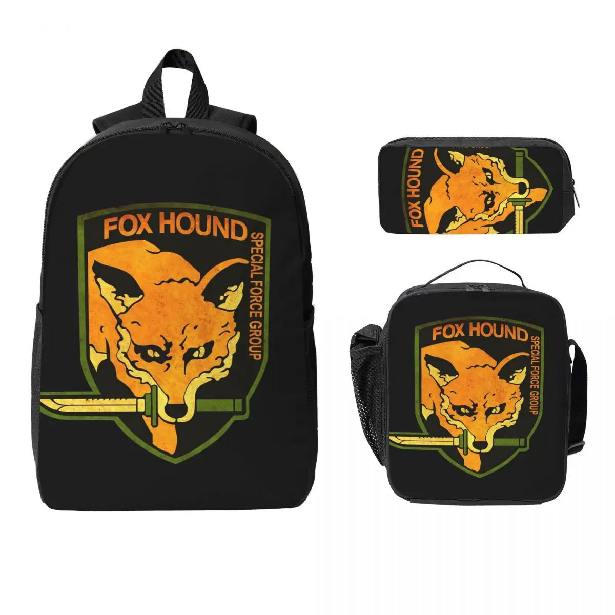 

METAL GEAR SOLID Fox Hound Rust Logo Backpack BookBag School Bag Computer Shoulder Bags 3ps Insulated Lunch Bag Pencil Case
