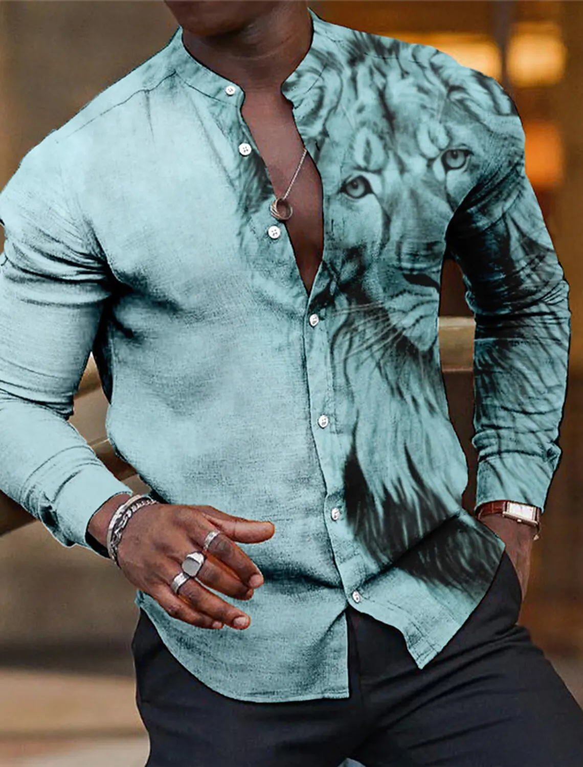 New Men\'s Shirt Long Sleeve 3D Printed Animal Lapel Button Autumn Men\'s Tops Retro King of The Forest Pattern Casual Tops S-6Xl