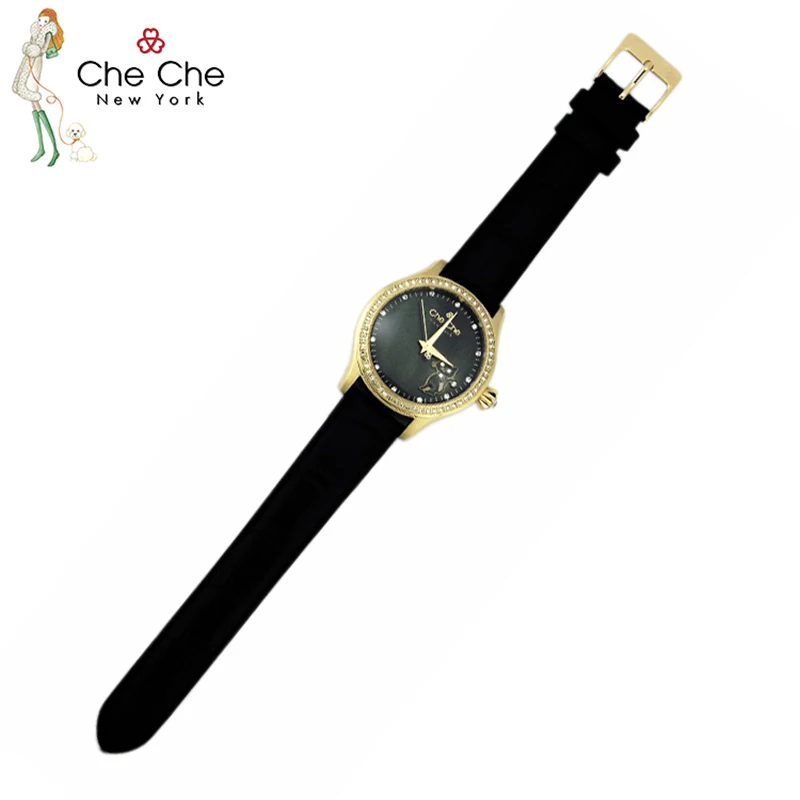 Imagem -03 - Che Che Cc0016-b Women Ver Pulseira de Couro Luz Espírito de Luxo Gato Retro Diamante Dial Quartzo Relógios para Mulheres