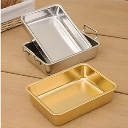 304 Stainless Steel Food Storage Tray with Handle Plates Silver Gold Metal Pastry Pan BBQ Snacks Sushi Dish Kitchen Utensils