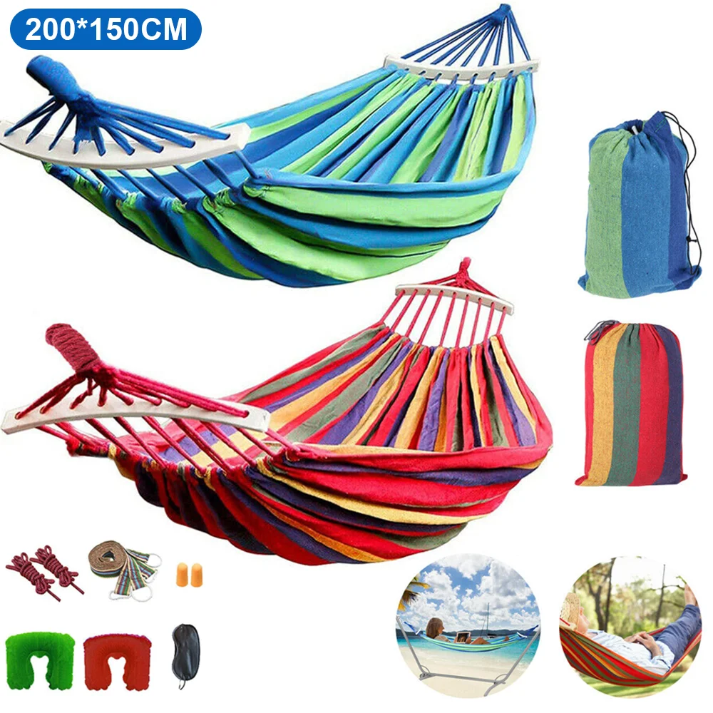 Hamaca de lona de 200x150cm, hamaca de lona anti-punta para exteriores, hamaca columpio para acampar con cuerdas de árbol, soporte de carga de hasta 250kg