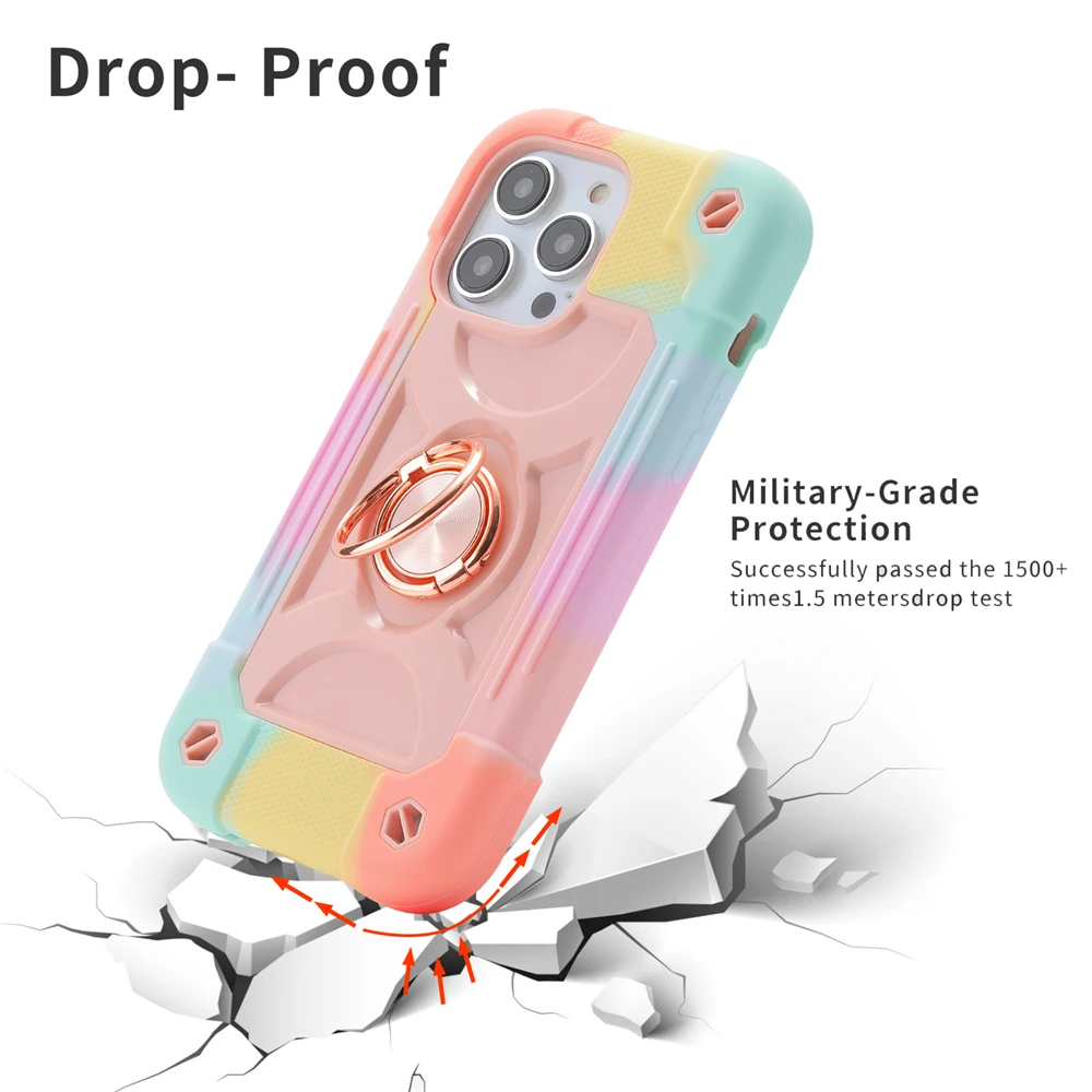 Heavy Duty Hybrid Armor Ring Holder Phone Case For iPhone 11 12 13 14 Pro Max XR XS X 6 7 8 Plus SE Shockproof Rugged Back Cover