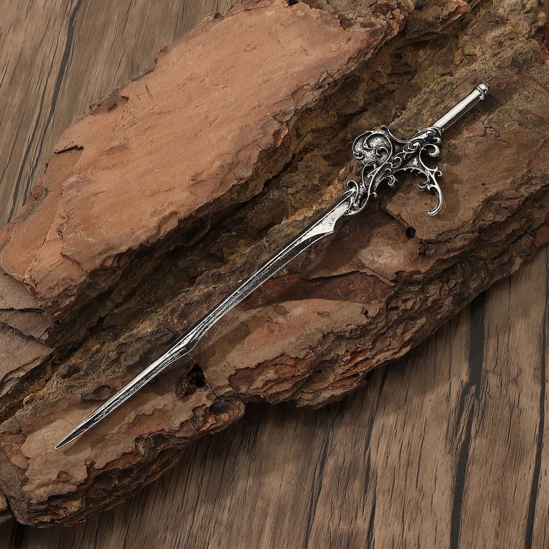 1pc Vintage Carved Sword Shaped Hairpin Made Old Metal Complex Rolled Grass Pattern Sword Handle Design Dark Style Hair Styling image 2