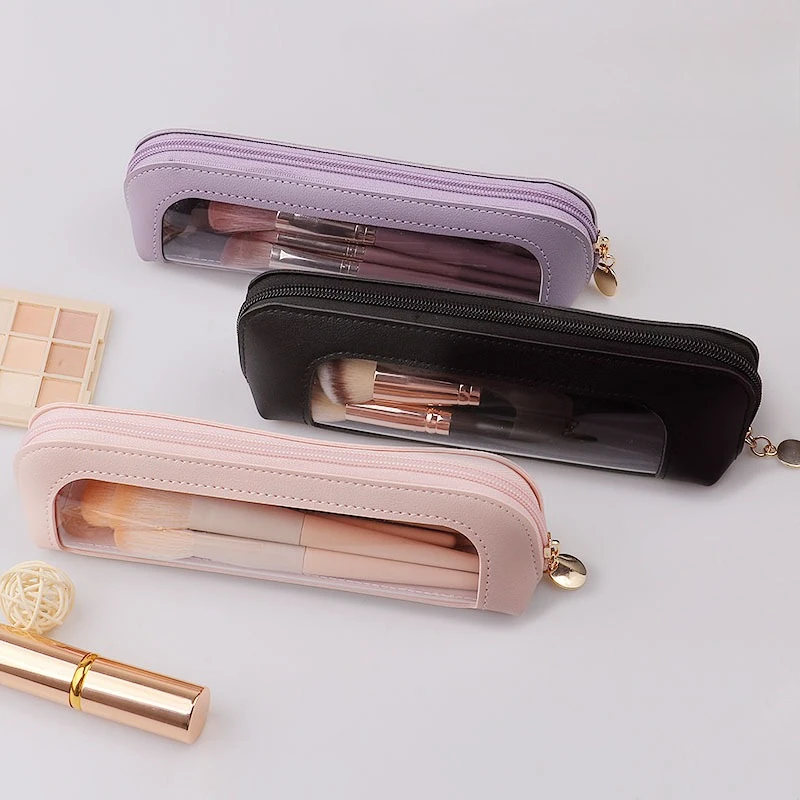Portable Transparent Waterproof Cosmetic Organizer Pouch Clear Makeup Bag PU Leather Travel Makeup Brush Case with Zipper