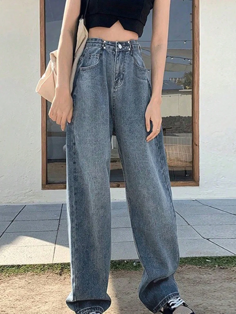 

Retro Washed Wide Leg Jeans High Waist Slimming Short Women's Straight Cut Denim Pants Summer Chic Street Style Jeans