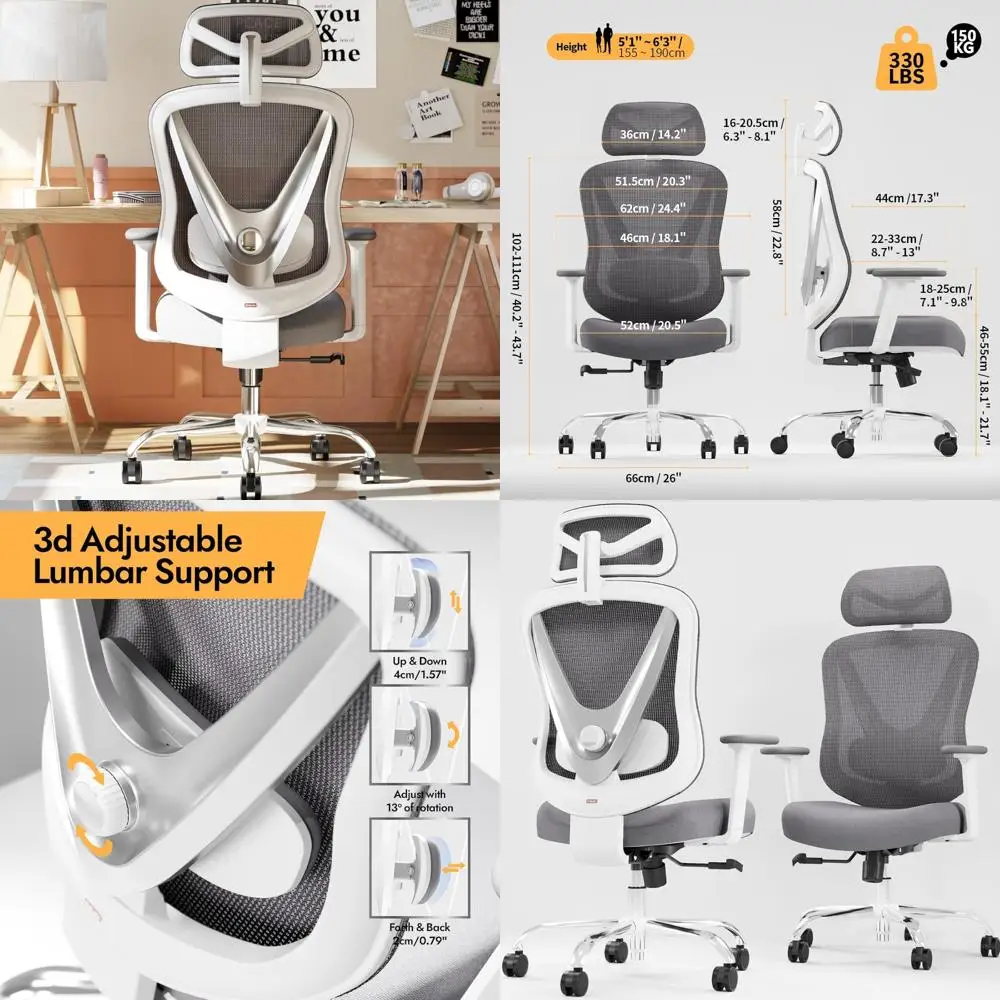 

Adjustable Ergonomic Mesh Chair with Lumbar Support and Armrests for Office and Home Use