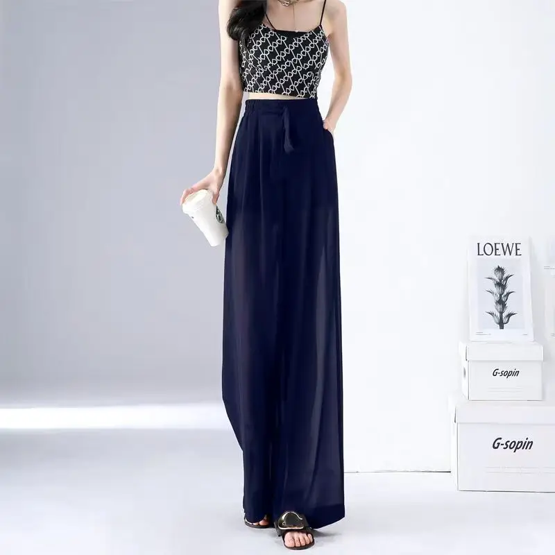 

Summer See Through Chiffon Wide Leg Pans Women Trousers Korea Fashion Office Ladies Work Full-Length Pants Female Bottoms