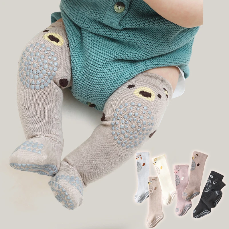 Calcetines antideslizantes hasta la rodilla para bebé, calentadores de piernas con cojín para el codo, protectores para gatear, seguridad para niños