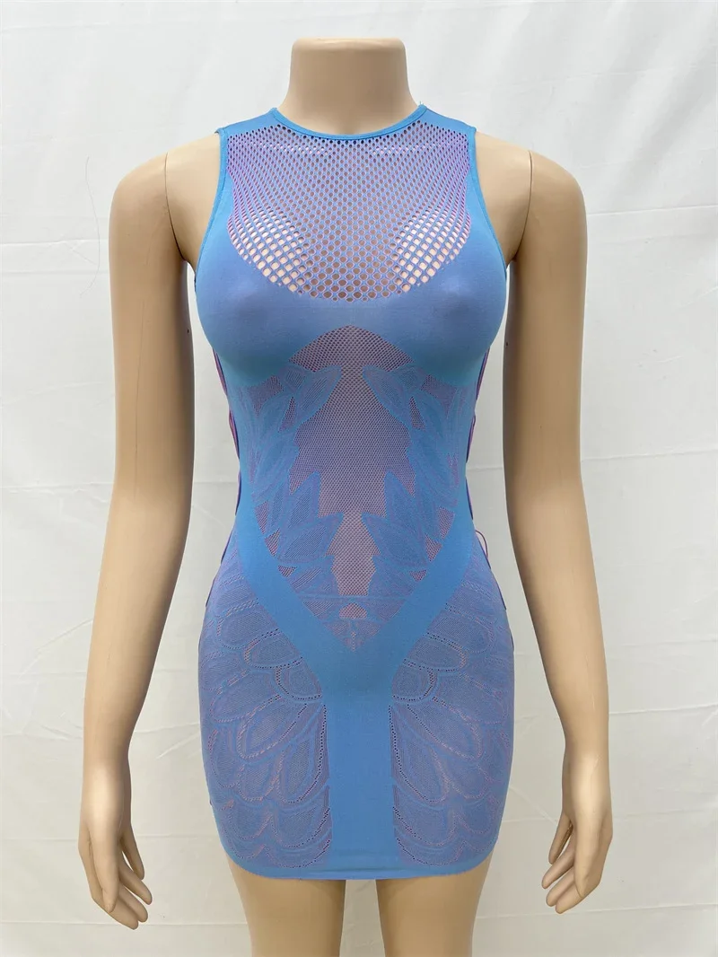 เซ็กซี่ดอกไม้ Hollow Out Mini Dress เสื้อผ้าผู้หญิงแขนกุด O - Neck Night Club Party ตาข่าย Sheer ชุดสั้น Vestidos Cortos