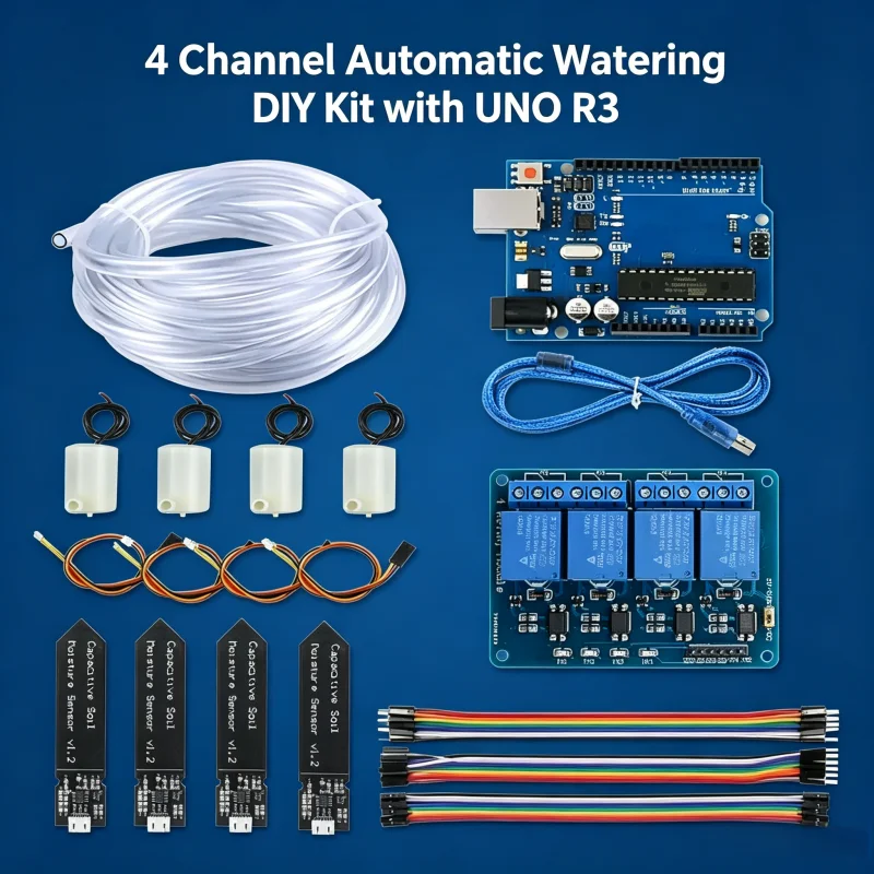 

4-Way Automatic Flower Watering DIY Set 4-Way Relay Automatic Watering Garden Flowers Automatic Watering Device UNO R3 Mainboard