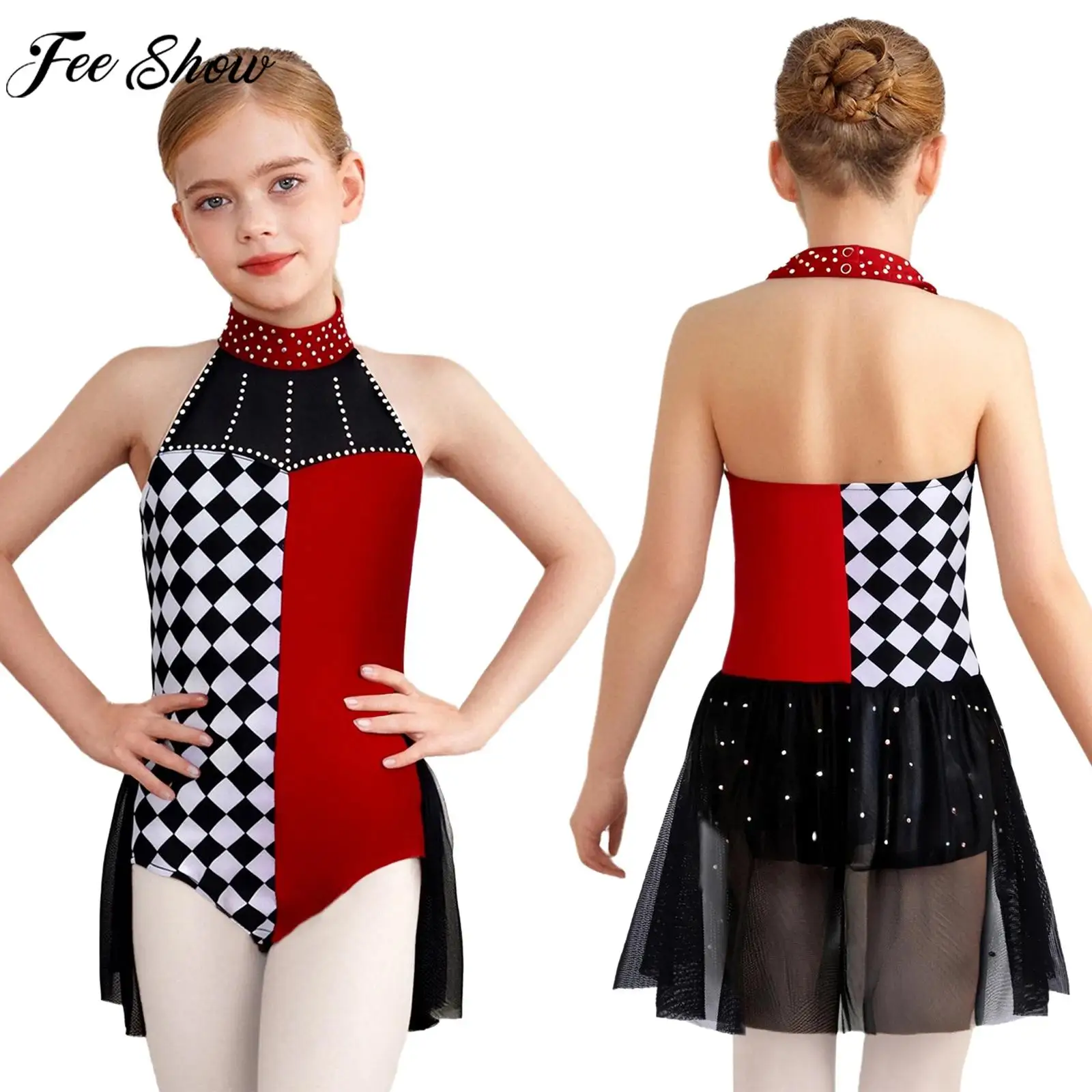 meninas-halloween-circo-palhaco-racer-motorista-cosplay-traje-sem-mangas-strass-malha-collant-vestido-tema-festa-carnaval-roupas