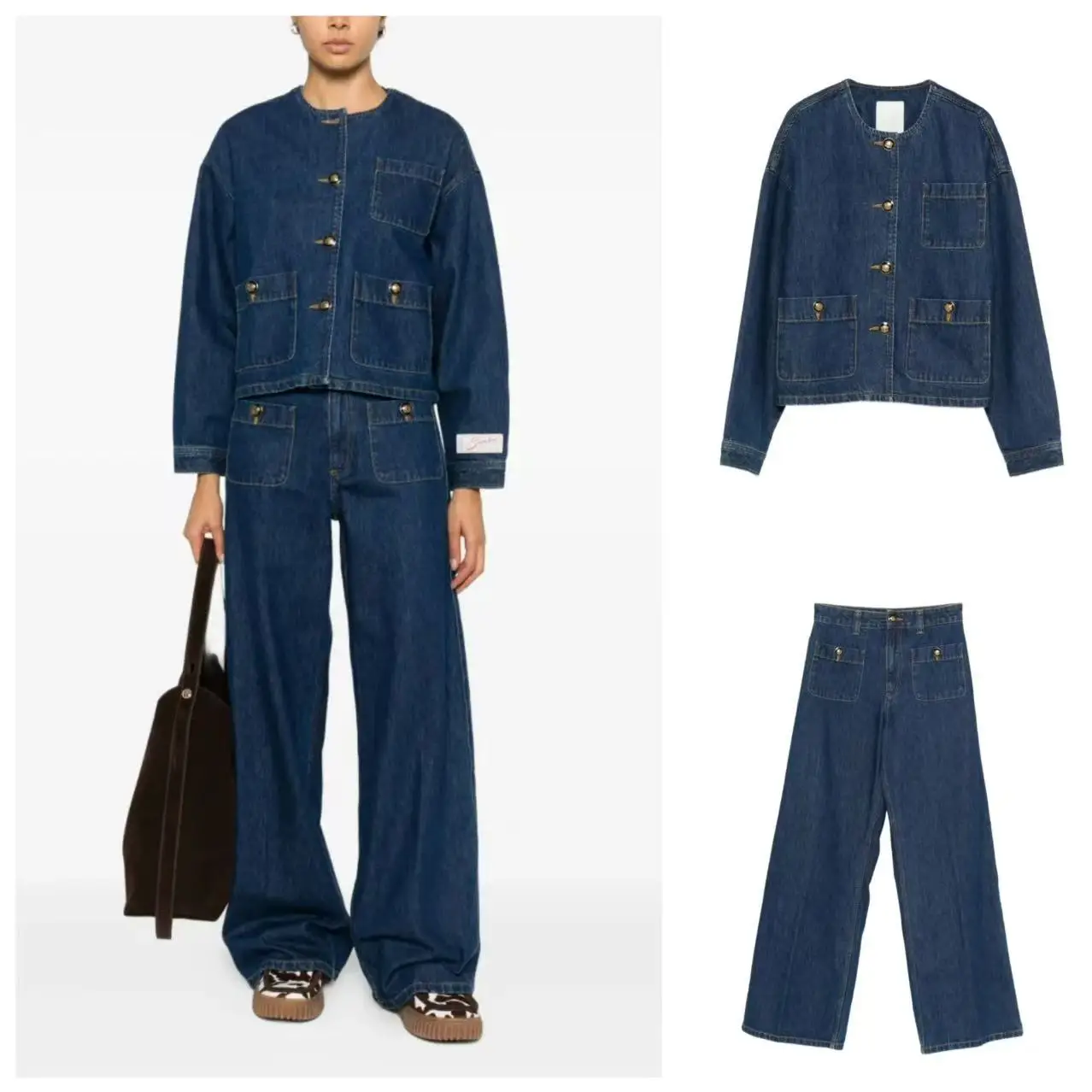 French Style Casual Pants Deep Blue Denim Jacket Spring Season Women's Cotton Long Sleeve round Neck Button Decorated Coat