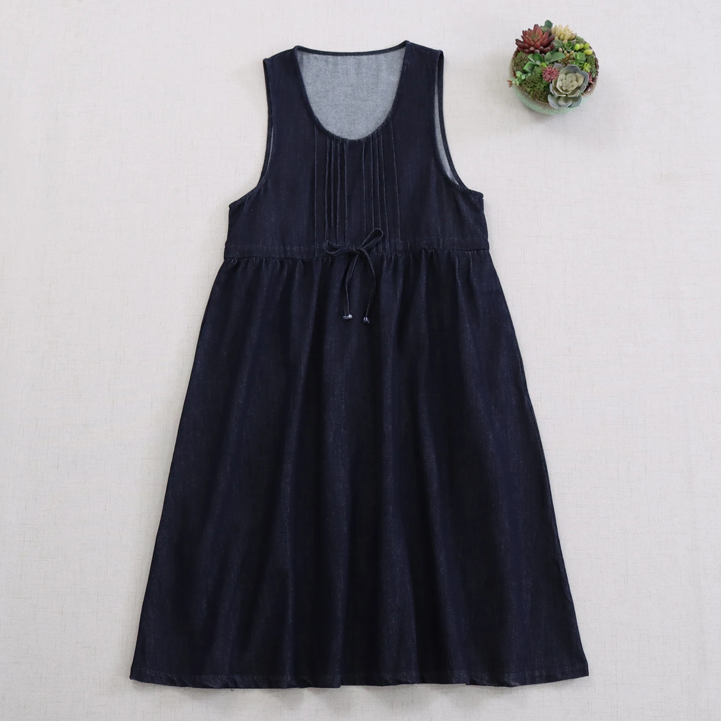 Abito in denim senza maniche con canotta vintage giapponese Mori Girl Donna Autunno O-Collo con coulisse in vita Abito casual con camicette midi allentate