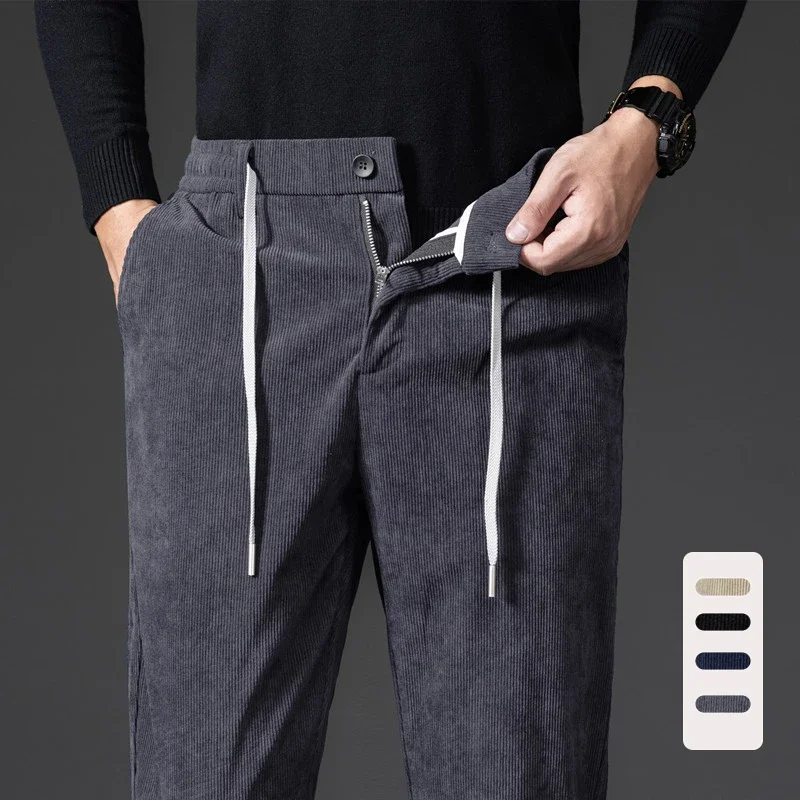 

Corduroy Men's Casual Pants Spring Autumn New Classic Fashion Comfortable Elastic Waist Straight Trousers Black Gray Khaki