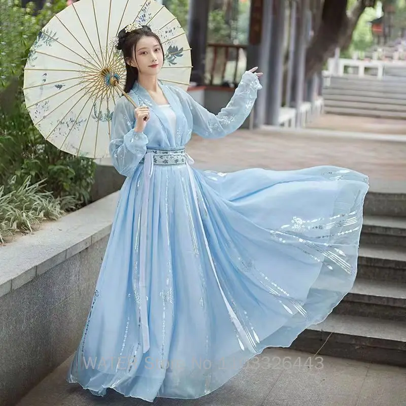 WATER Hanfu Women's Blue Crane Cosplay Ancient Chinese Costume Clothes Traditional Dance Costumes Folk Fairy Dress Graduation