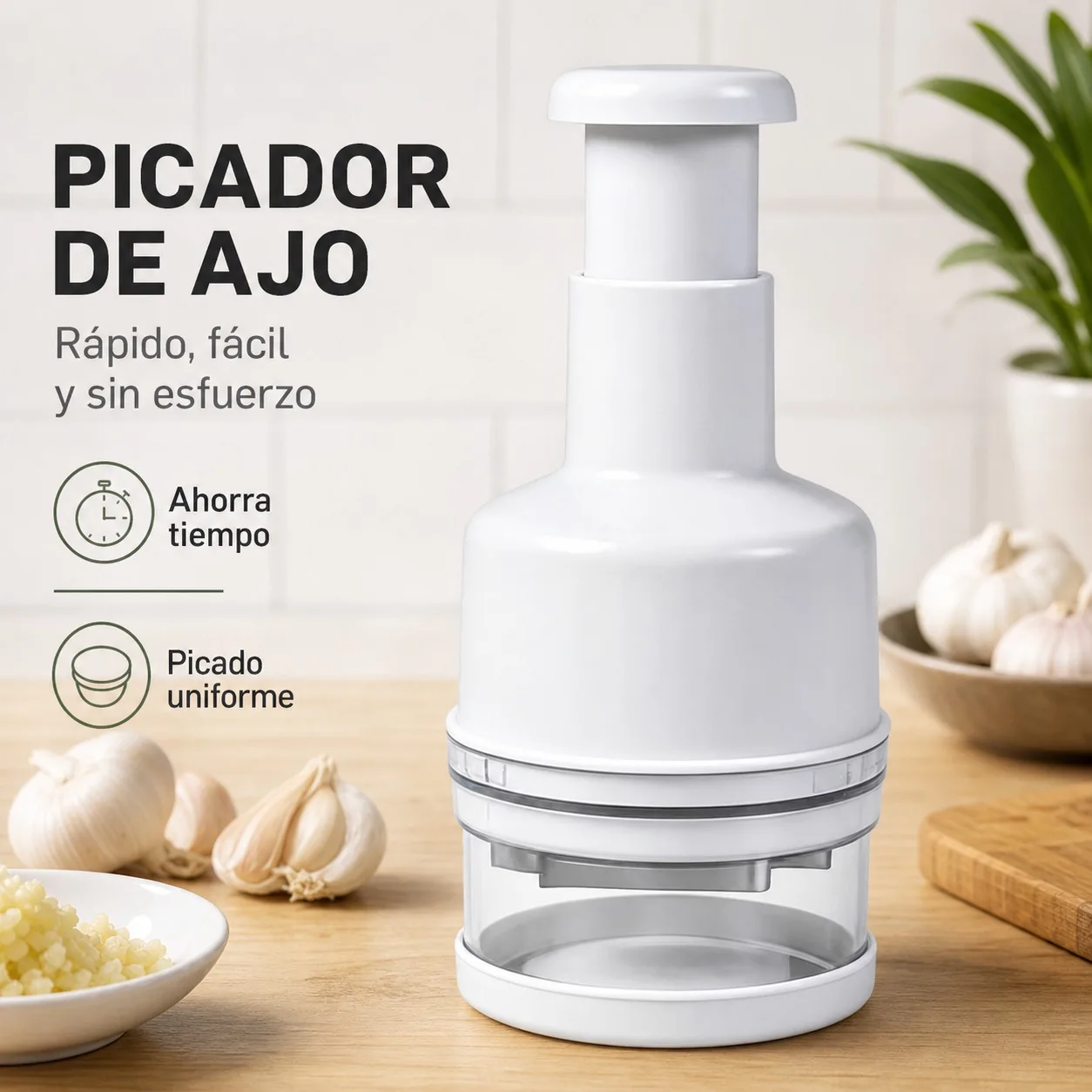 Hachoir à ail manuel multifonctionnel en plastique PP blanc, presse-ail avec lames en acier, hachoir ergonomique pour légumes et oignons pour la cuisine, diamètre 8 x 21,5 cm