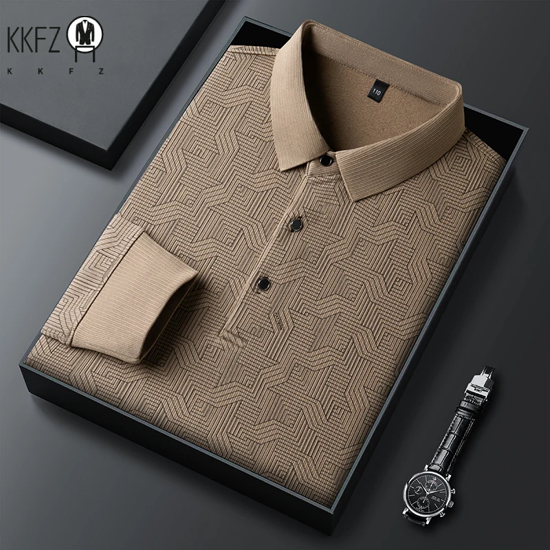 New Men\'s Business Casual Long Sleeved Shirt with Badge Solid Color Polo Shirt Fashionable Breathable Comfortable Versatile Top