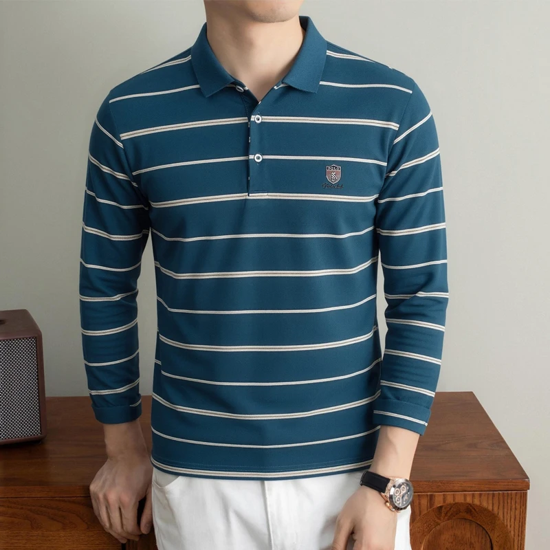 High end Brand badge embossed long sleeve polo shirt fashion stripes men autumn business leisure comfort luxury Paul new T-shirt