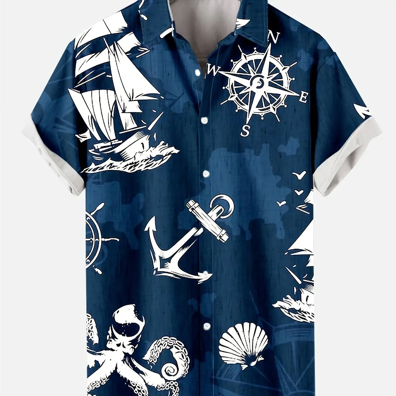 Anchor print men's casual shirt, beach travel top, fashionable short sleeved summer outfit, suitable for beach outdoor vacation