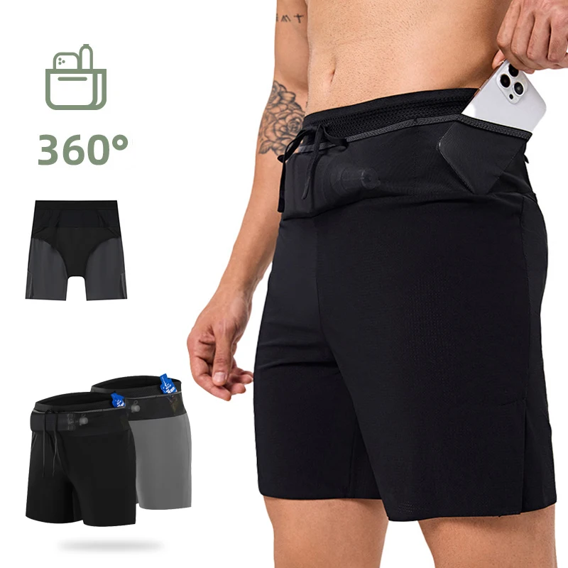 

(S-2XL)Mens Marathon Running Shorts 5" Quick Dry Surround Waist Pocket +Front Back Zipper Pouch Water-soluble Training Shorts
