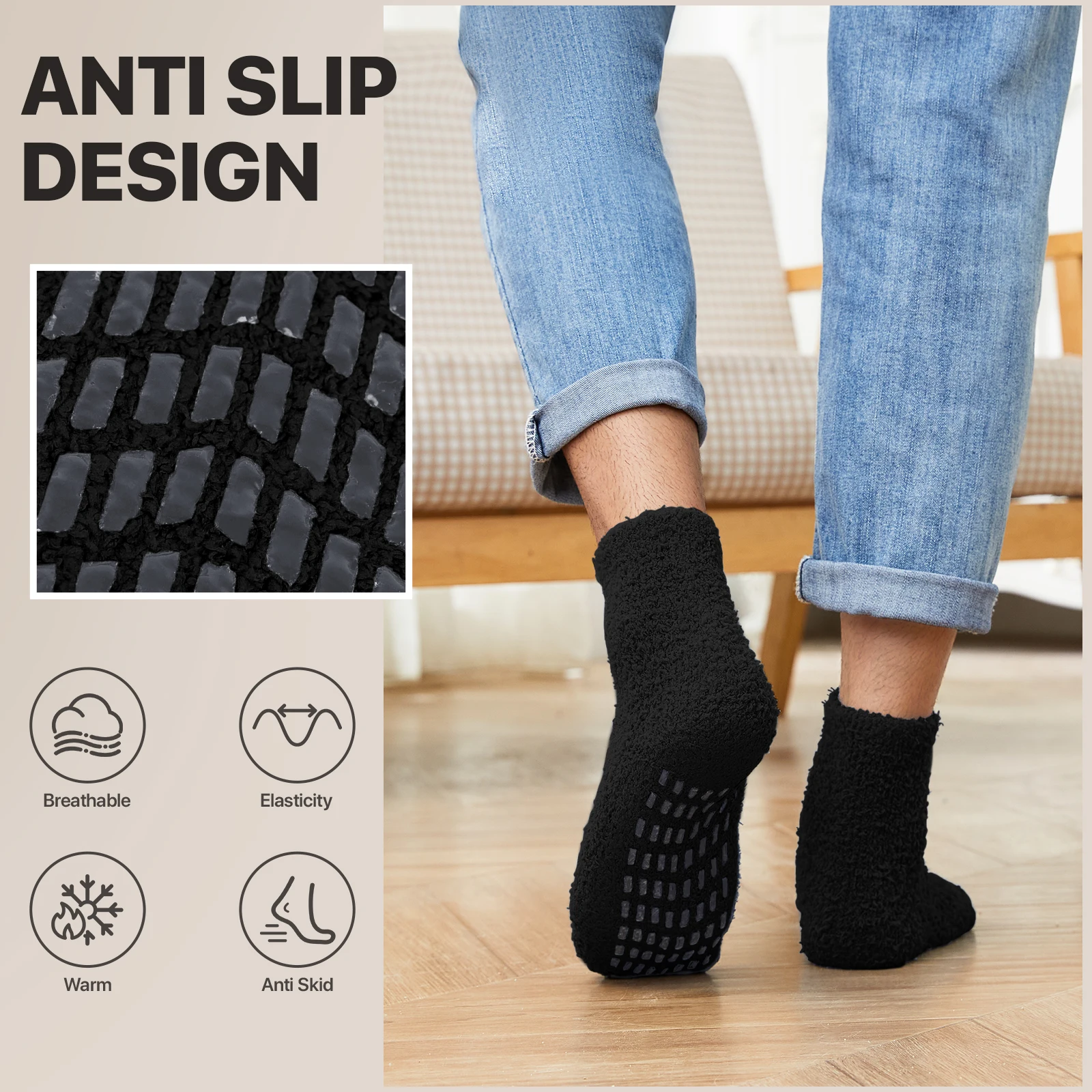 5Pairs Men\'s Fuzzy Socks Non Slip Grip Socks Winter Fluffy Slipper Socks Cozy Warm Plush Sleep Cabin Footies with Grippers