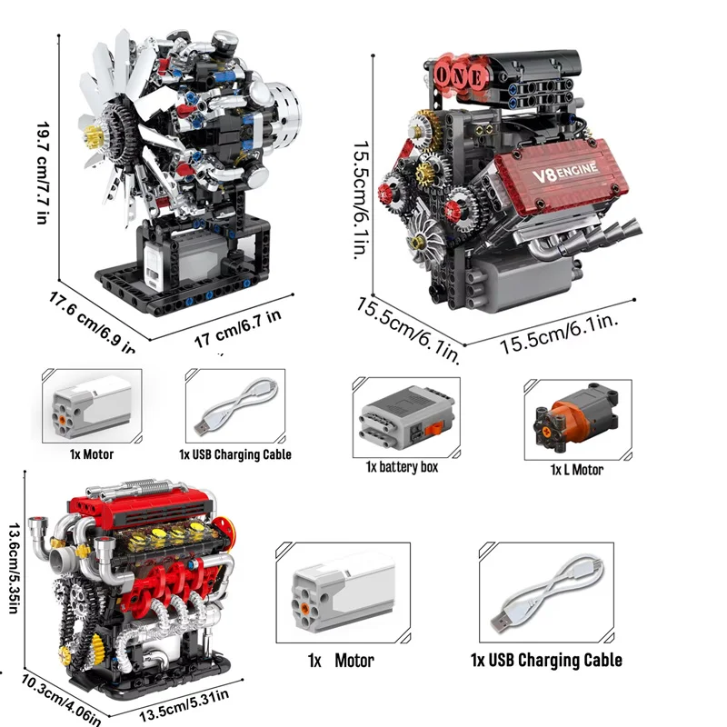 

Simulation Sports Car V8 Engine Model Building Blocks With Motor Drive Aircraft Internal Combustion Engine Assembled Toys Bricks