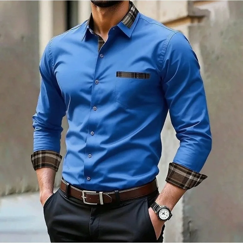 Men's contrasting plaid collar long sleeved shirt, business casual lapel, spring and autumn men's shirt