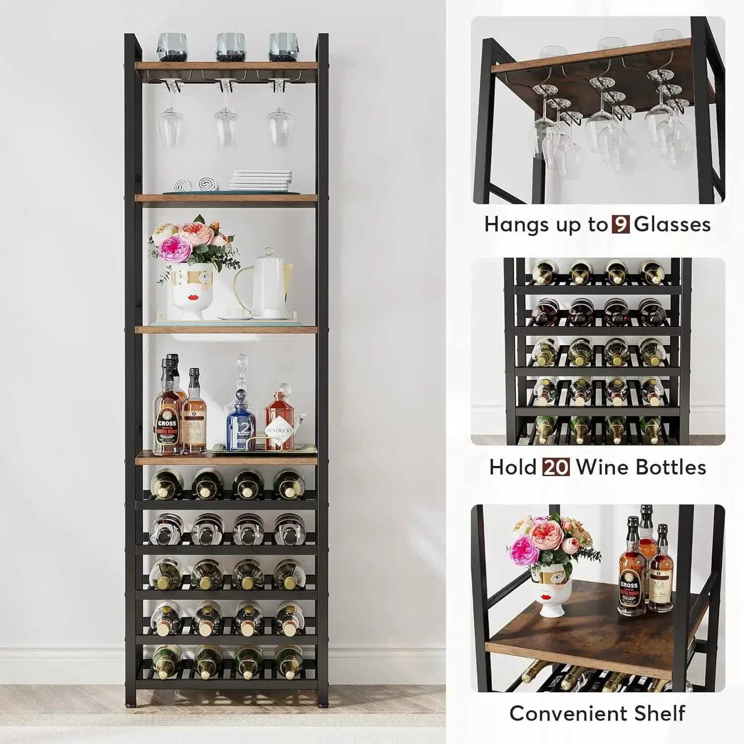 Tribesigns 20 Bottle Wine Bakers Rack, 9 Tier Freestanding Wine Rack with Glass Holder and Storage Shelves