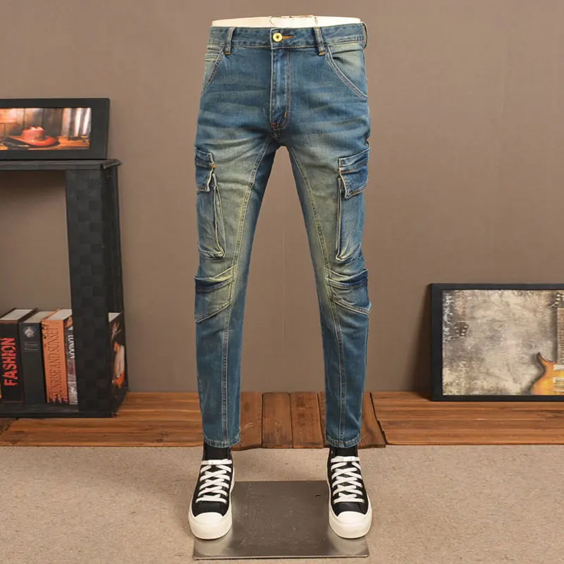 Street Designer Mode Mannen Jeans Retro Blauw Stretch Slim Fit Grote Zak Denim Cargo Broek Mannen Y2K Hip Hop Biker Jeans Homme