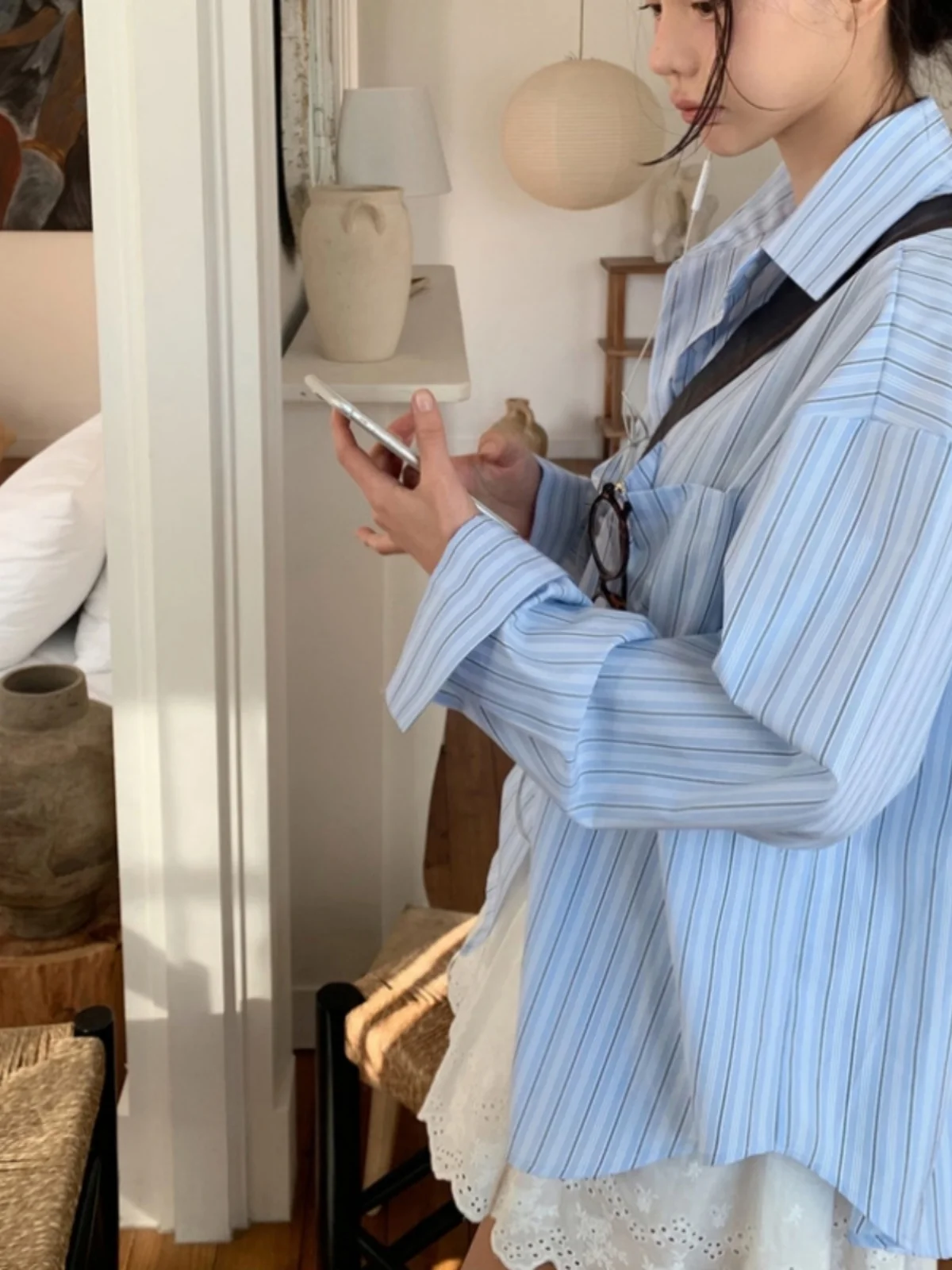 

Korean Sle Sweet Casual Blue Striped Button up Women's irt Spring Collection with Embroidered Skirt Two Piece Set