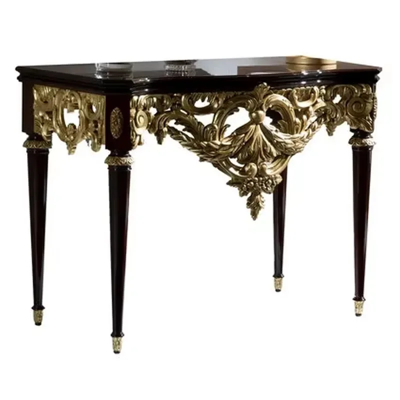 Classic solid wood frame table natural wood grain color veneer 24 carat antique gold leaf traditional console table