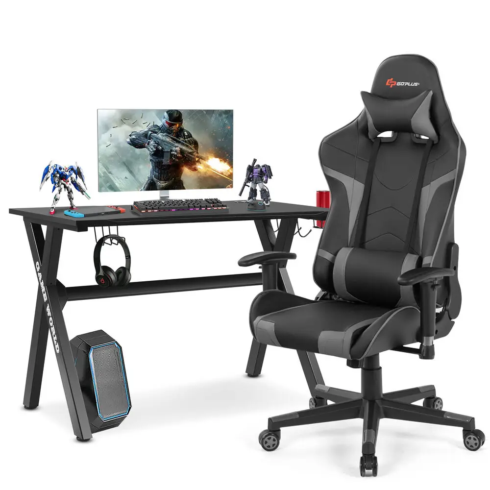 Costway X-Shaped Gaming Desk & Racing Style Massage Chair Set Home Office Black+Grey