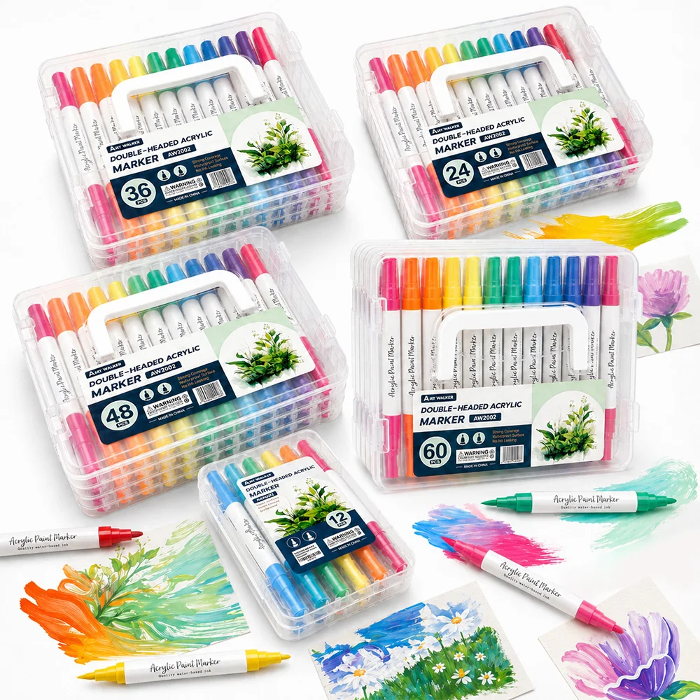 12/24/36/48/60 Colors Acrylic Dual Tip Marker Set DIY Decorating Projects Professional Paintbrush Crafts Card Glass Art Supplies