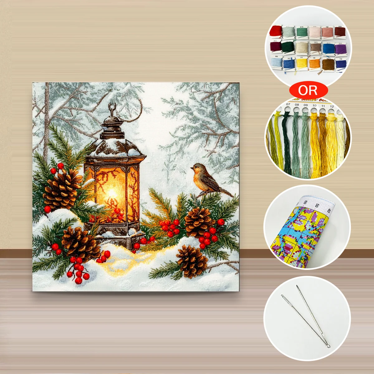 1PC 40X40CM/15.74in ,11Ct/14Ct Cross Stitch Kit Diy Valentine's Day Gift Embroidery Set For Festival,Christmas Lantern Robin
