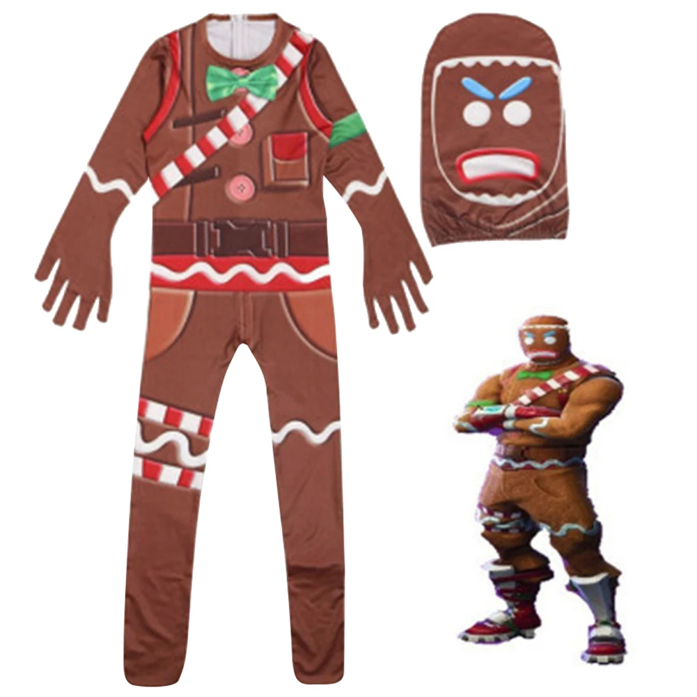 Kids Adult Christmas Costume Gingerbread Long Sleeve Zipper Hooded Jumpsuit for Men Women Party Role-playing Cosplay Sleeves Set