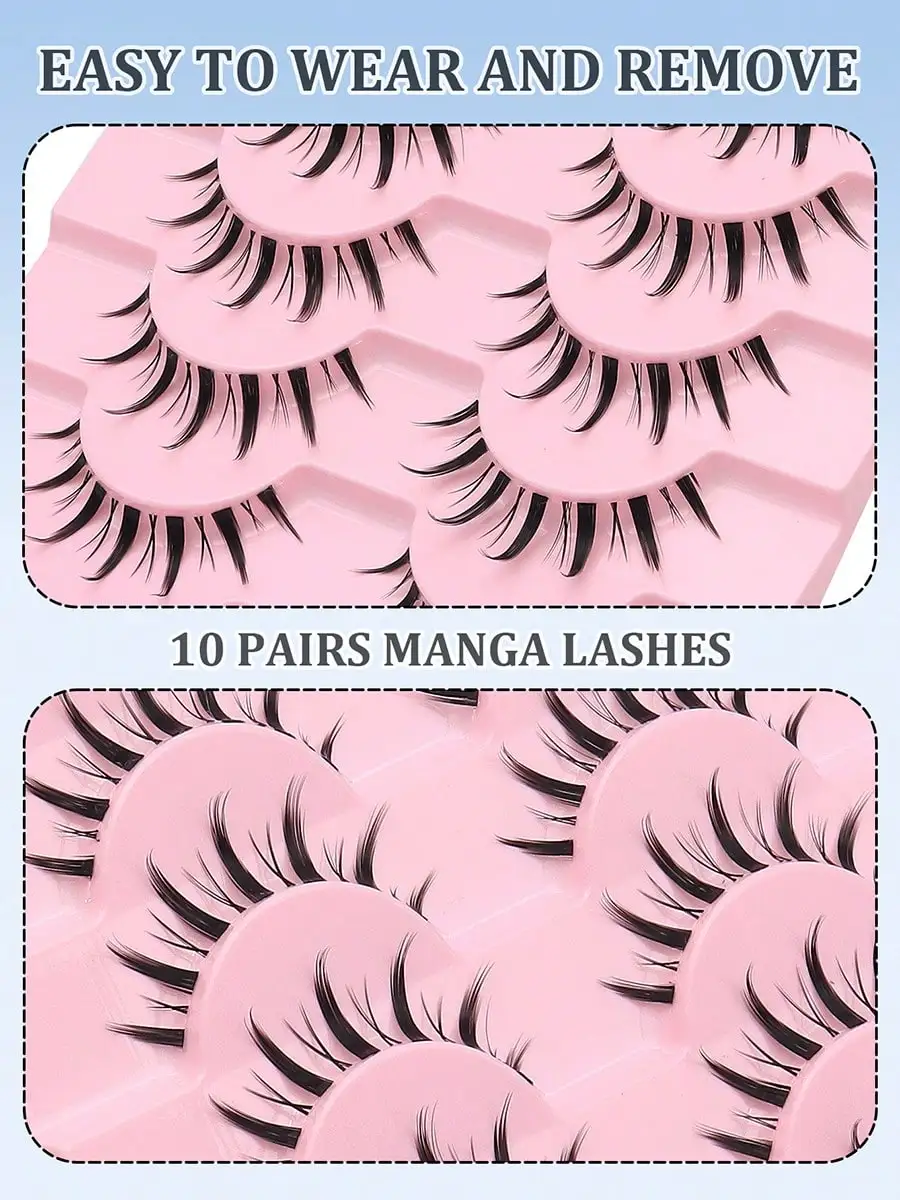 10 pairs of natural transparent stems, fake eyelashes, thin and curled comic style suitable for beginners, reusable, suitable