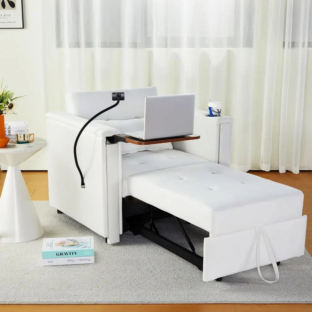 

3-in-1 White Convertible Lounge Chair Bed with Pull-Out Couch, Hidden Table, and Adjustable Backrest