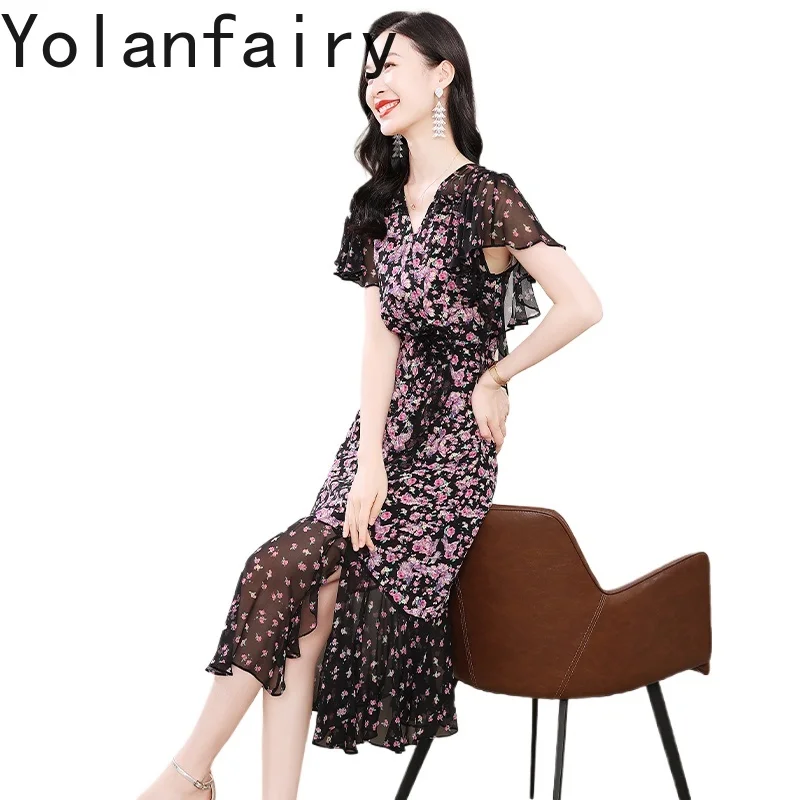 

YOLANFAIRY, женское платье из 100% натурального шелка шелковицы, лето 2022, элегантное женское платье с расклешенными рукавами, черное платье с v-образным вырезом и цветочным принтом