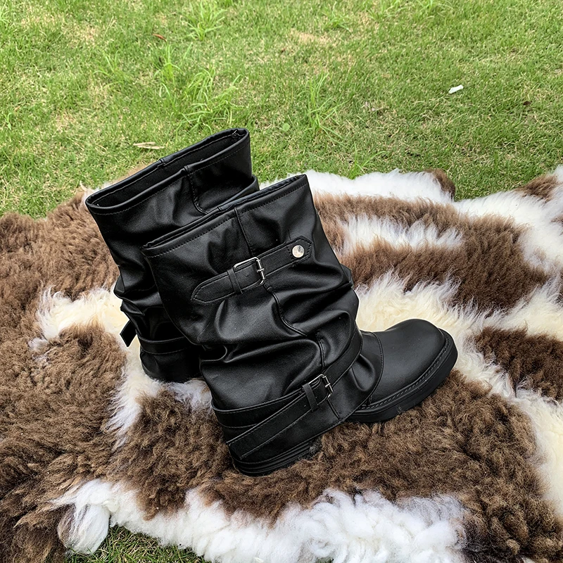Retro Short Bootlegged Ankle Boots with Leather Belt Buckle and Heightening Feature - Knight Boots for Women