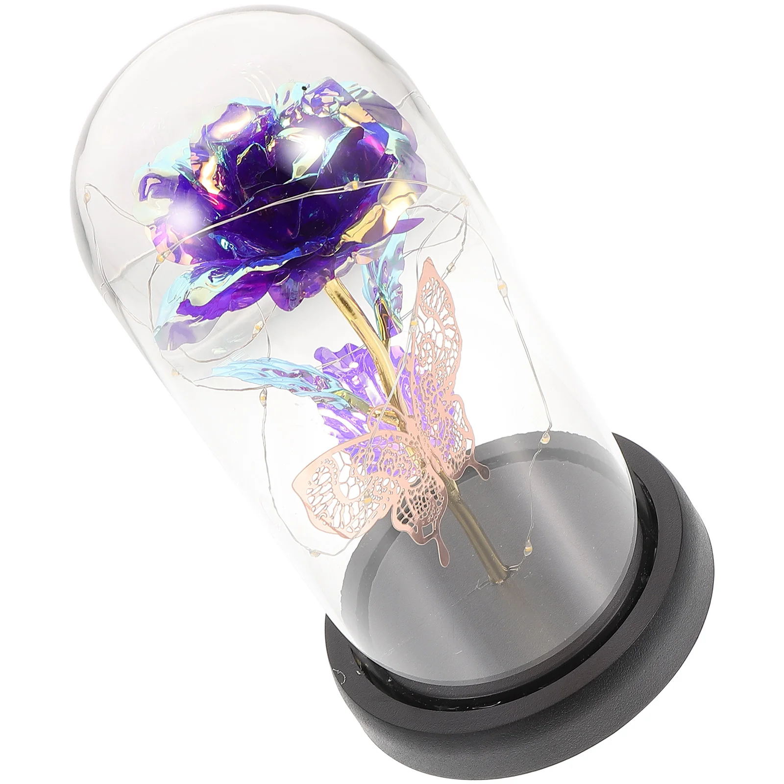

Preserved Flower LED Light Glass Cover Exquisite Indoor Desktop Adornment with Dome Rose Flower in Glass