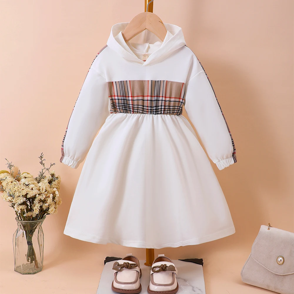 Girls' Autumn And Winter New Plaid Patchwork College Style Hooded Knit Dress