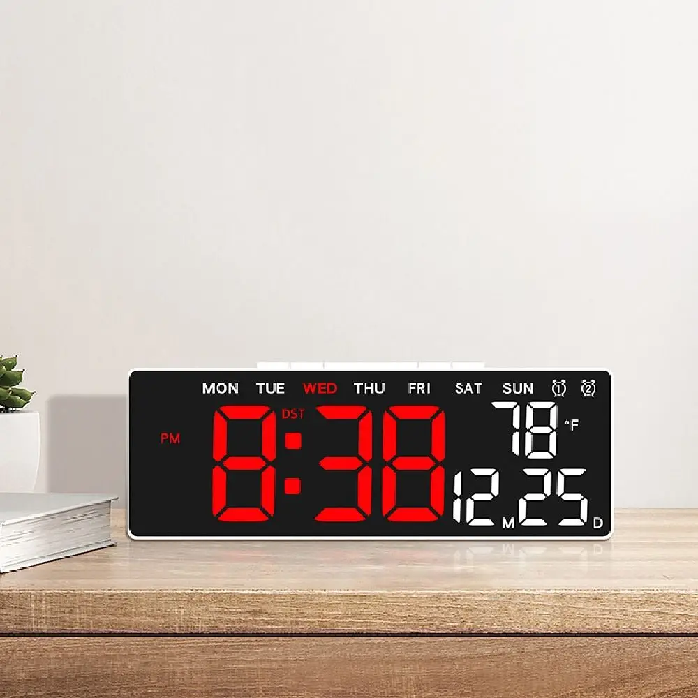 12/24H Format LED Electronic Clock 2 Alarms Date Week Alarm Clock 3 Levels Brightness Auto-Dimmer Dual Control Table Clock
