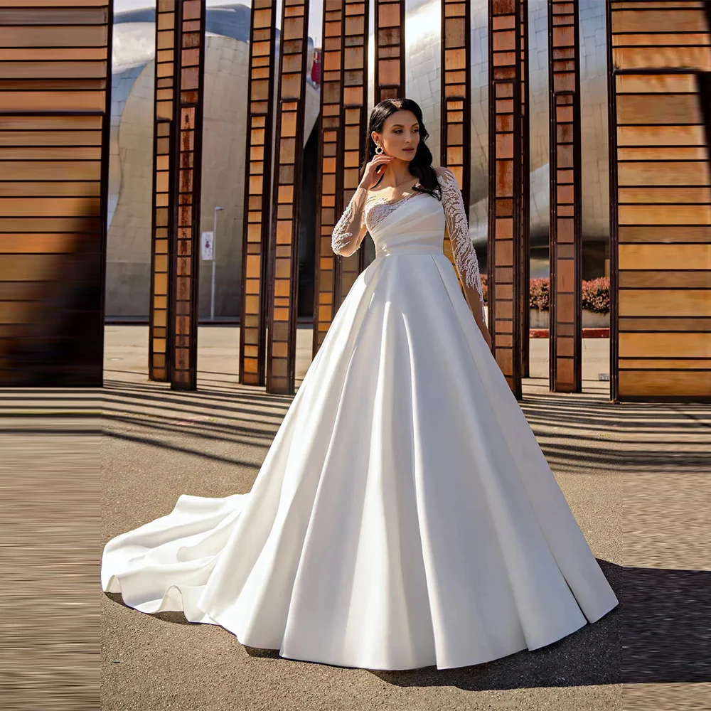 

Customized Elegant White A-Line Wedding Dress Lace Long Sleeves Satin Bridal Gown Backless Decal Plus Size Elegant Bridal Dress