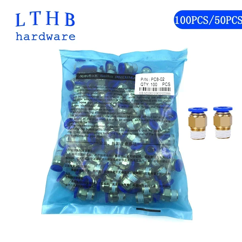 100PCS Pneumatic Fittings PC Hose Connectors 4mm 6mm 8mm 10mm  Male Thread PT 1/4 1/8 1/2 Quick Release Fitting Pneumatic Parts