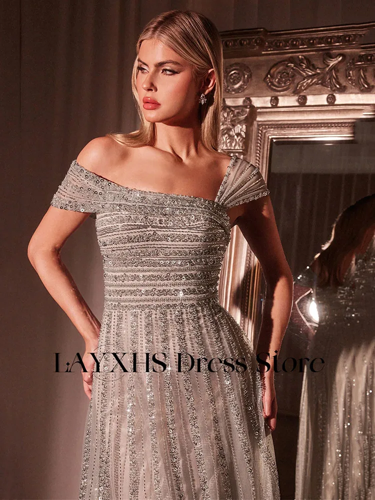 LAYXHS Brokatowe Sukienki Wieczorowe na Jedno Ramię Damskie Linia A Cekiny Koronka Plisy Bez Pleców Sukienki na Imprezę Bal Studniówkowy Szyte na Miarę فساتين سهرة