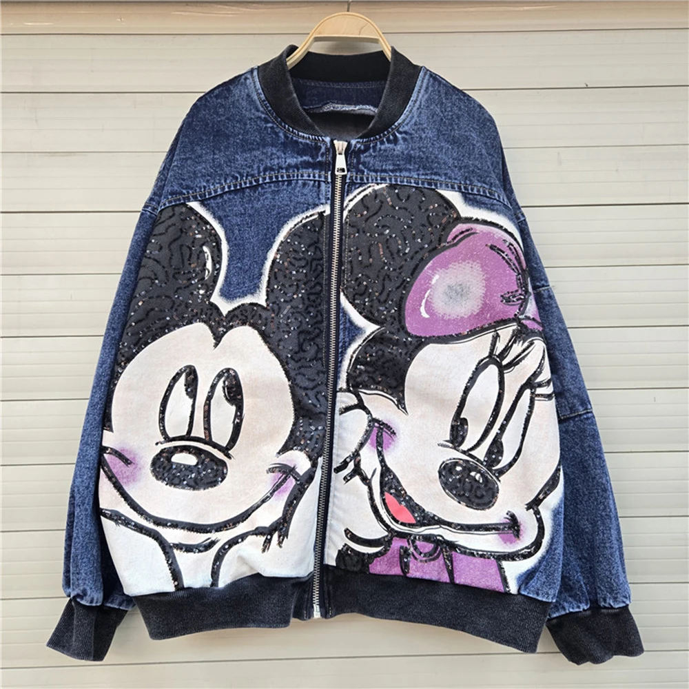 

plus Size Cartoon Print Sequin Design Denim Jacket High Street Loose Fashionable Hip Hop Jacket