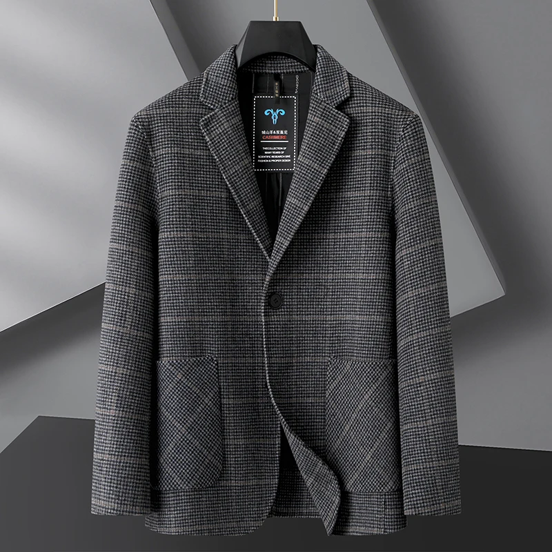 

2023 A plus-size tweed coat for a fat man with a plaid collar and a double-sided tweed coat for a fat man with extra large wool