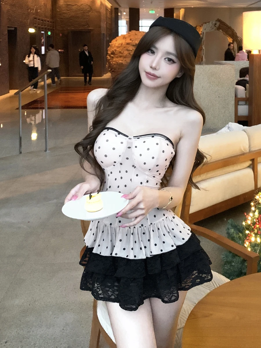 Sweet Retro Pure Desire Polka Dot Lace A-Line Cake ort Skirt Two-Piece Set Waist-Cinching Slimming Tube Top Bodice