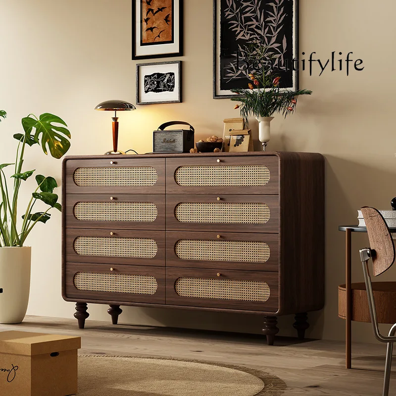 

French-Style Solid Wood Rattan Chest of Drawers Small Apartment Mid-Ancient Style Chest of Drawers